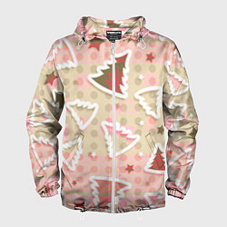 Ветровка с капюшоном мужская Розовые узоры ёлки, цвет: 3D-белый