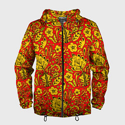Ветровка с капюшоном мужская Хохломская роспись золотистые цветы на красном фон, цвет: 3D-черный
