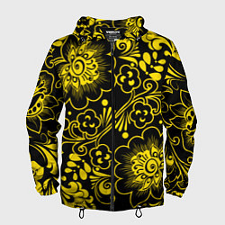 Ветровка с капюшоном мужская Хохломская роспись золотые цветы на чёроном фоне, цвет: 3D-черный
