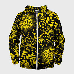 Ветровка с капюшоном мужская Хохломская роспись золотые цветы на чёроном фоне, цвет: 3D-белый