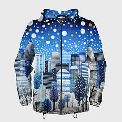 Ветровка с капюшоном мужская Новогодний синий ночной город, цвет: 3D-черный