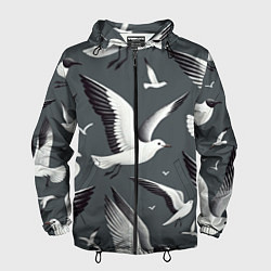 Ветровка с капюшоном мужская Белый силуэт Чайки на сером - морской паттерн, цвет: 3D-черный