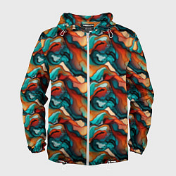 Ветровка с капюшоном мужская Абстрактная картинка с цветными волнами, цвет: 3D-белый
