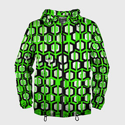 Ветровка с капюшоном мужская Техно узор из шестиугольников зелёный, цвет: 3D-черный