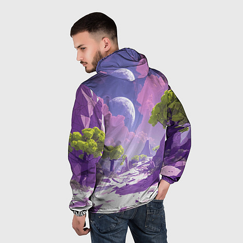 Мужская ветровка Фиолетовые горы зеленые деревья и космос / 3D-Черный – фото 4