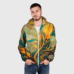 Ветровка с капюшоном мужская Золотые и бирюзовые листья абстракция, цвет: 3D-белый — фото 2
