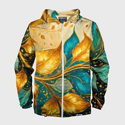 Ветровка с капюшоном мужская Листья абстрактные золото и бирюза, цвет: 3D-белый