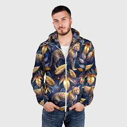 Ветровка с капюшоном мужская Леопард с золотыми листьями паттерны, цвет: 3D-белый — фото 2
