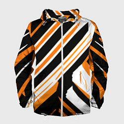 Ветровка с капюшоном мужская Чёрно-оранжевые полосы на белом фоне, цвет: 3D-белый