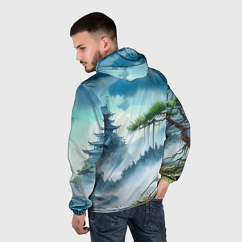 Мужская ветровка Японский пейзаж - акварель живопись / 3D-Черный – фото 4