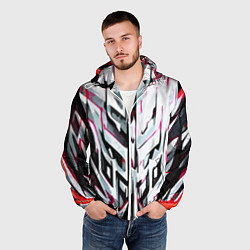 Ветровка с капюшоном мужская Хаотичная красно-белая абстракция, цвет: 3D-белый — фото 2