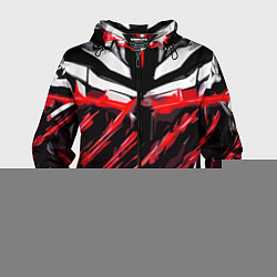 Ветровка с капюшоном мужская Red and white abstraction on a black background, цвет: 3D-черный