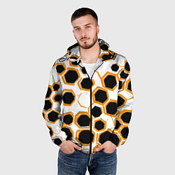 Ветровка с капюшоном мужская Чёрно-жёлтые шестиугольники на белом фоне, цвет: 3D-черный — фото 2