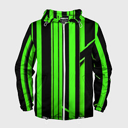 Ветровка с капюшоном мужская Толстые зелёные полосы на чёрном фоне, цвет: 3D-белый
