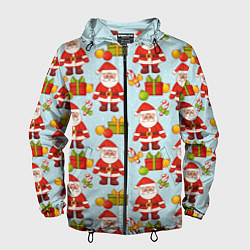 Ветровка с капюшоном мужская Новогодний паттерн с Сантой и подарками, цвет: 3D-черный