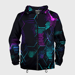 Ветровка с капюшоном мужская Розово-голубые точки и линии на чёрном фоне, цвет: 3D-черный
