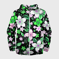 Ветровка с капюшоном мужская Зелёно-белые цветы на чёрном фоне, цвет: 3D-белый