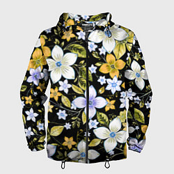 Ветровка с капюшоном мужская Жёлто-белые цветы на чёрном фоне, цвет: 3D-черный