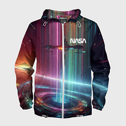 Ветровка с капюшоном мужская Spaceship in the neon cosmos - nasa, цвет: 3D-белый