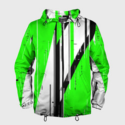 Ветровка с капюшоном мужская Black and white vertical stripes on a green backgr, цвет: 3D-черный