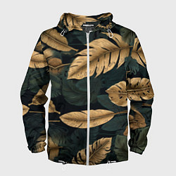 Ветровка с капюшоном мужская Золотые листья монстеры и перья, цвет: 3D-белый