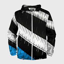 Ветровка с капюшоном мужская Диагональные чёрно-белые полосы на синем фоне, цвет: 3D-белый