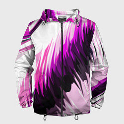 Ветровка с капюшоном мужская Чёрно-розовые острые полосы на белом фоне, цвет: 3D-черный