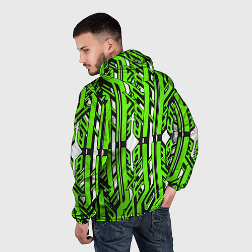 Мужская ветровка Чёрно-зелёные техно полосы на белом фоне / 3D-Белый – фото 4