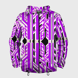 Ветровка с капюшоном мужская Бело-фиолетовые техно полосы на чёрном фоне, цвет: 3D-черный