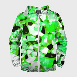 Ветровка с капюшоном мужская Green and white abstraction on a black background, цвет: 3D-белый