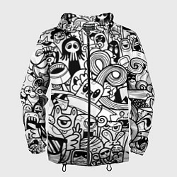 Ветровка с капюшоном мужская Black and white doddle monsters, цвет: 3D-черный