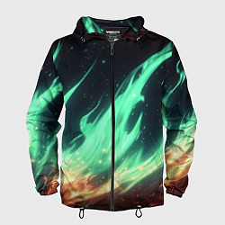 Ветровка с капюшоном мужская Зеленое абстрактное пламя, цвет: 3D-черный