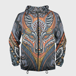 Ветровка с капюшоном мужская Орнаментальный волк с узорами стилизованный, цвет: 3D-черный
