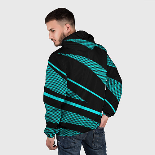 Мужская ветровка Sport чёрный и неоновый голубой абстракция с полос / 3D-Черный – фото 4