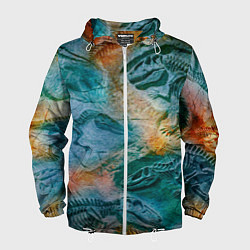 Ветровка с капюшоном мужская Окаменелые динозавры, тропический зеленый, цвет: 3D-белый