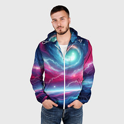 Ветровка с капюшоном мужская Spiral neon galaxy - ai art fantasy, цвет: 3D-белый — фото 2