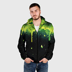 Ветровка с капюшоном мужская Зеленая стекающая краска по черному фону, цвет: 3D-черный — фото 2