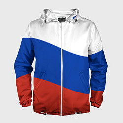 Ветровка с капюшоном мужская Флаг России волной, цвет: 3D-белый