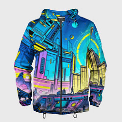 Ветровка с капюшоном мужская Космический город, цвет: 3D-черный