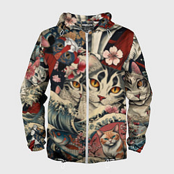 Ветровка с капюшоном мужская Котики и рыбки в сакуре, цвет: 3D-белый