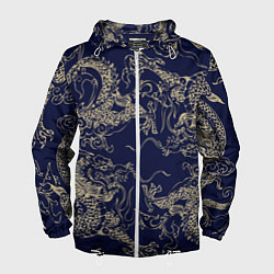 Ветровка с капюшоном мужская Золотые драконы на синем, цвет: 3D-белый