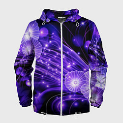 Ветровка с капюшоном мужская Силуэты цветов на темном фоне - фиолетовое свечени, цвет: 3D-белый
