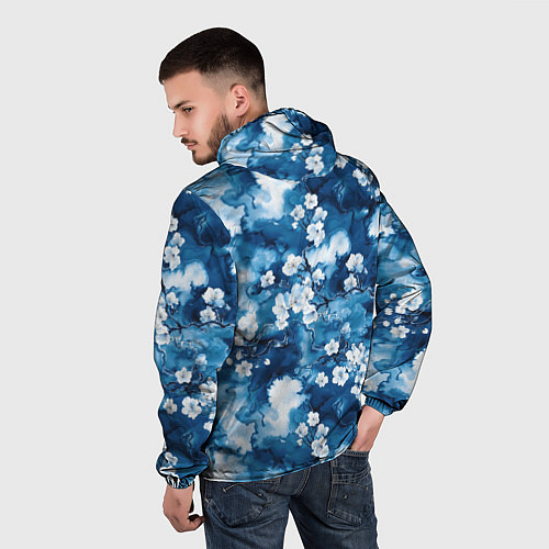 Мужская ветровка Цветы белой сакуры - паттерн на синем фоне / 3D-Белый – фото 4