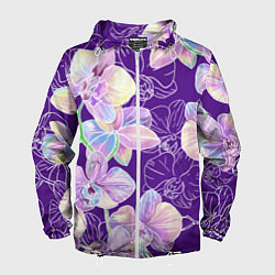 Ветровка с капюшоном мужская Японские акварельные орхидеи, цвет: 3D-белый