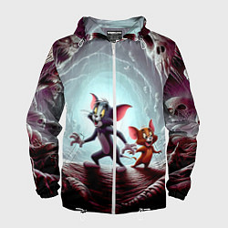 Ветровка с капюшоном мужская Том и Джерри в пещере ужасов - хэллоуин, цвет: 3D-белый