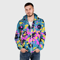 Ветровка с капюшоном мужская Брызги краски розовой желтой и темно синей, цвет: 3D-белый — фото 2