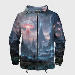 Ветровка с капюшоном мужская Фантастический мир с медузами и озеро у гор, цвет: 3D-черный
