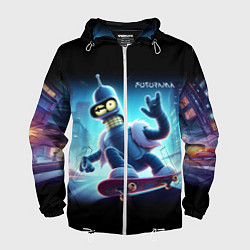 Ветровка с капюшоном мужская Bender is a skateboarder in neon street - ai art, цвет: 3D-белый