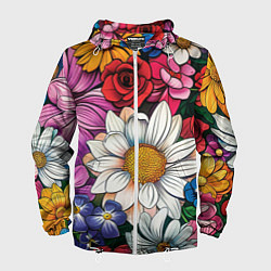 Ветровка с капюшоном мужская Крупные цветы, цвет: 3D-белый