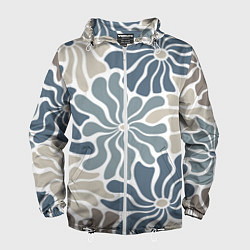 Ветровка с капюшоном мужская Цветы blue and beige pattern, цвет: 3D-белый